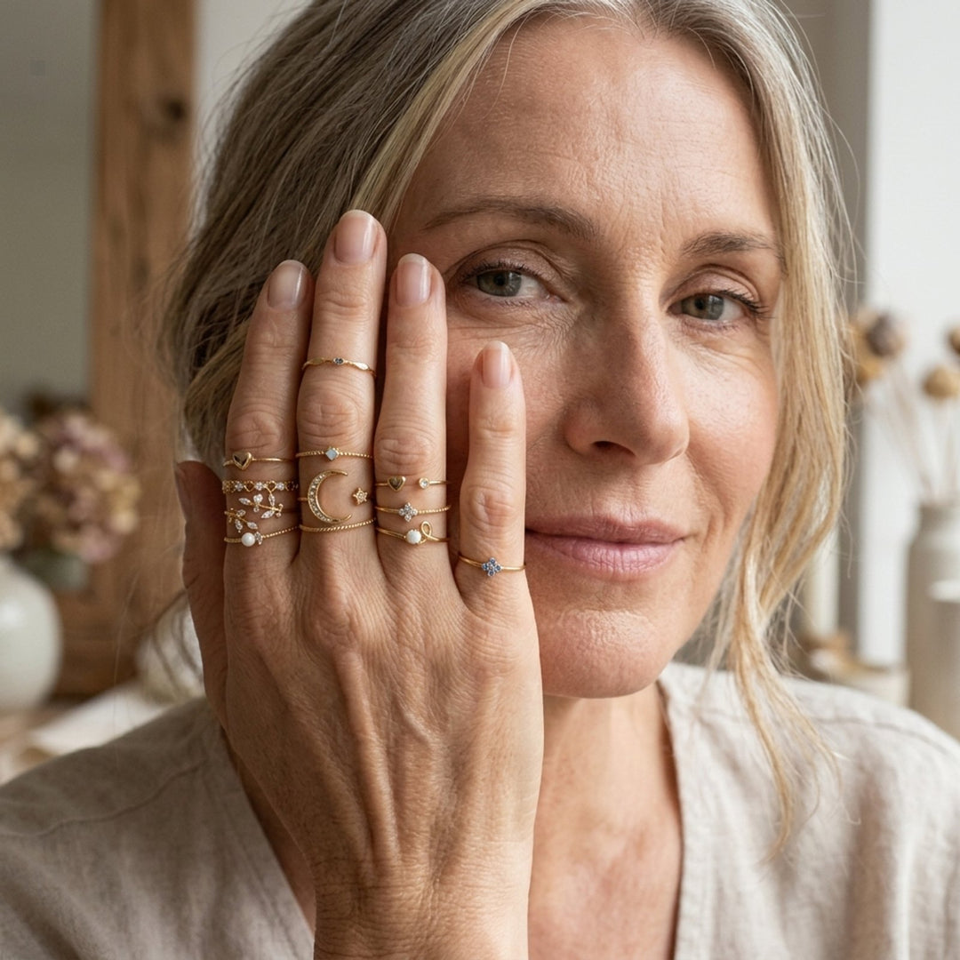 Gold-Plated Stackable Ring Set with Rhinestone Details