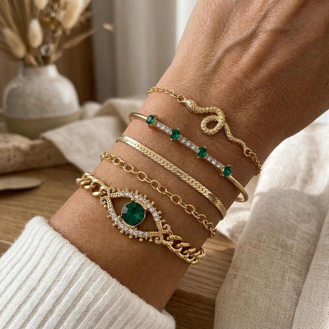 Gold-Plated Emerald Chain Bracelet Set