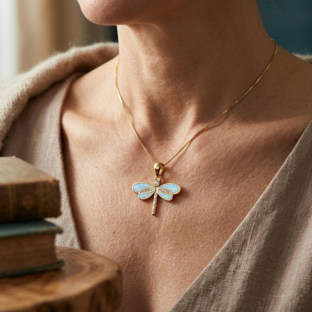 Opal Inlay Gold-Plated Dragonfly Pendant Necklace