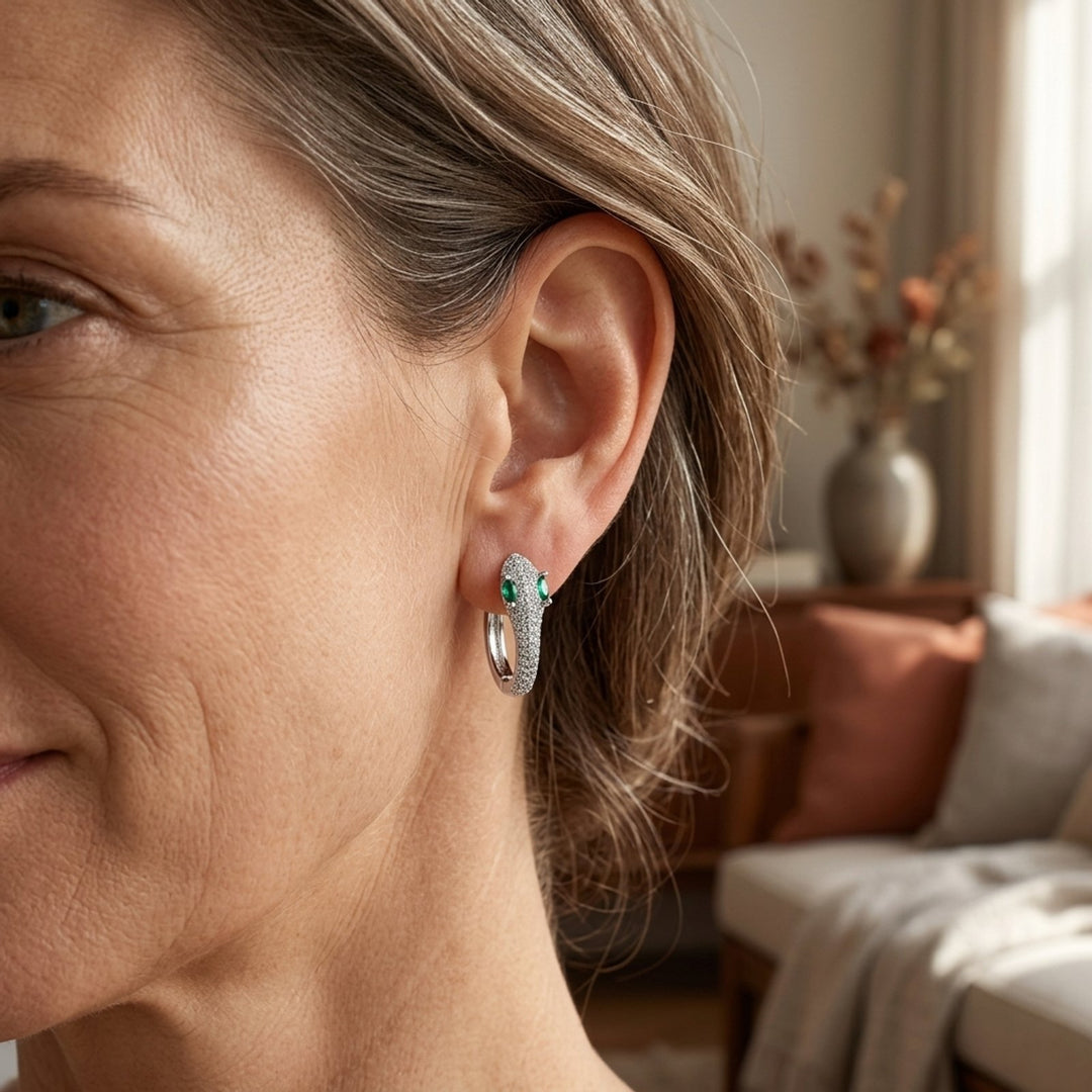 Sterling Silver Pave Snake Hoop Earrings