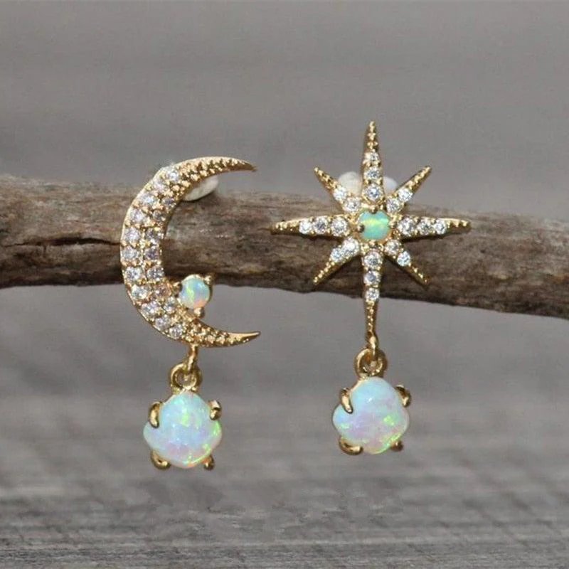 Crescent Moon Star Opal Drop Earrings