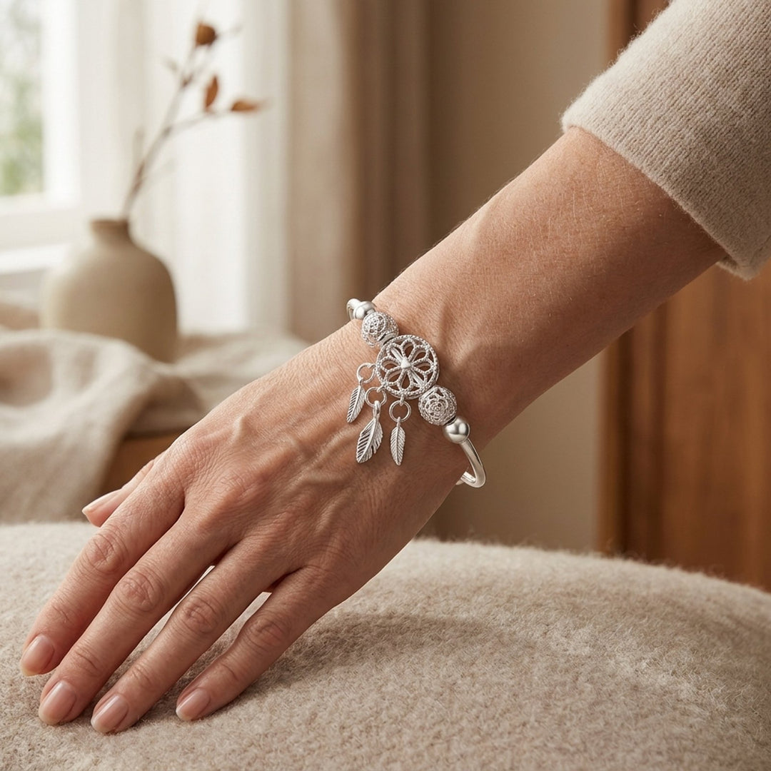 925 Sterling Silver Dreamcatcher Charm Adjustable Bracelet