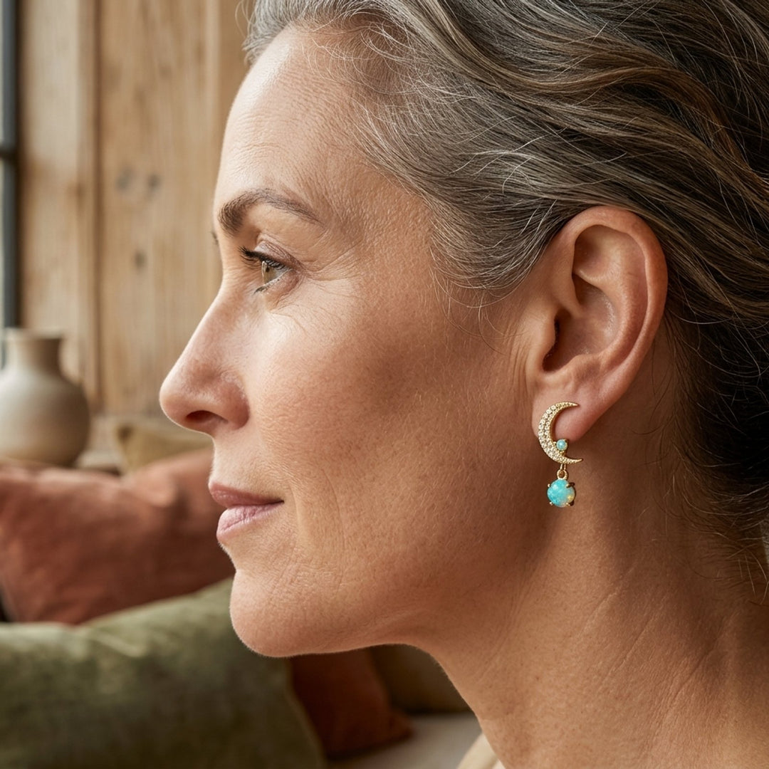Crescent Moon Star Opal Drop Earrings