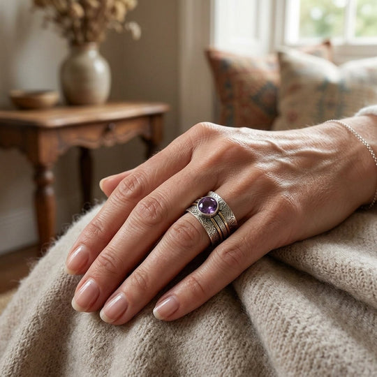 Textured Sterling Silver Purple Gemstone Spinner Ring
