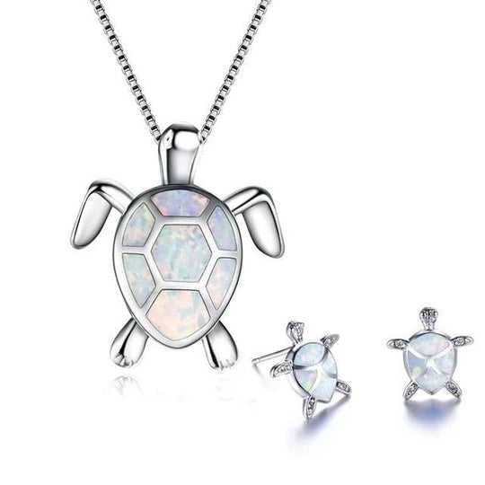 Opal Inlay Sterling Silver Sea Turtle Jewelry Set
