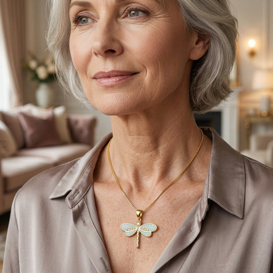 Opal Inlay Gold-Plated Dragonfly Pendant Necklace