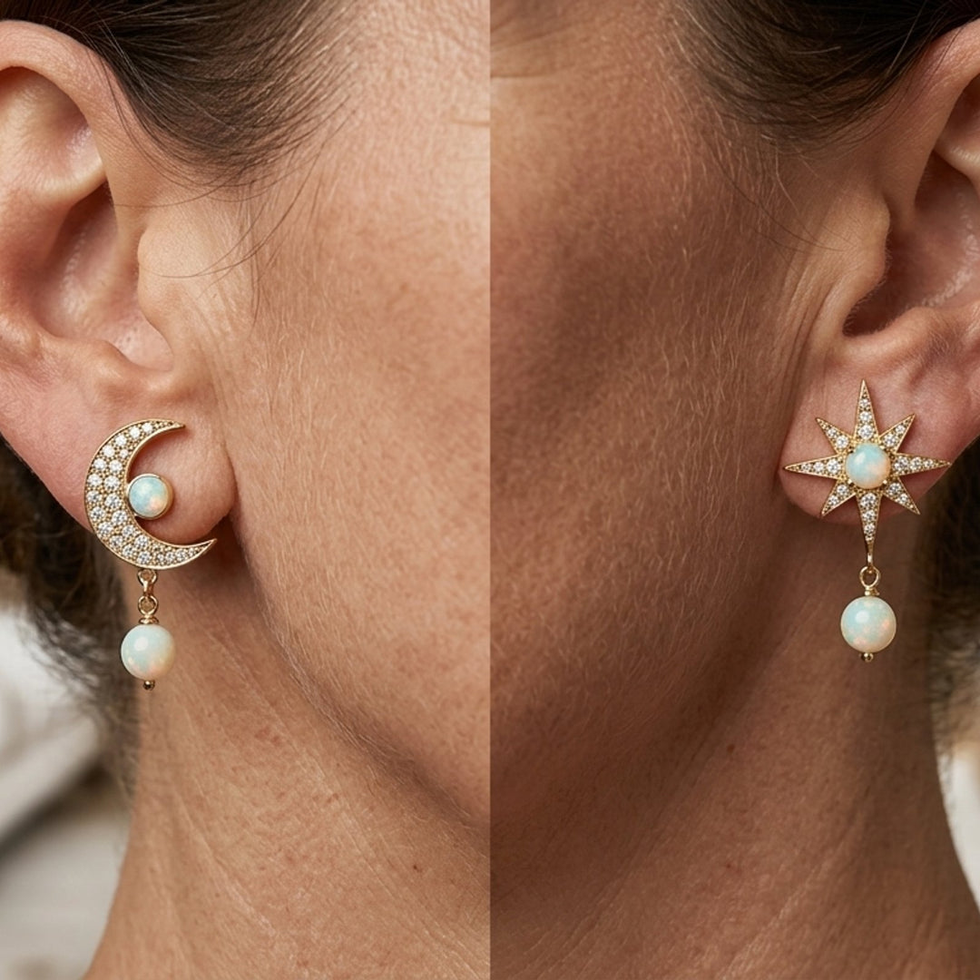Gold-Plated Opal Drop Moon Star Earrings