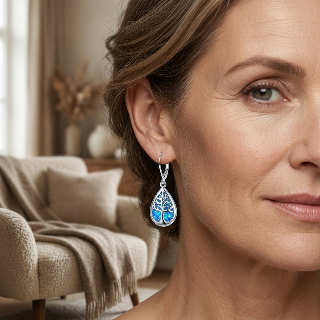 Teardrop Opal Tree-of-Life Sterling Silver Drop Earrings