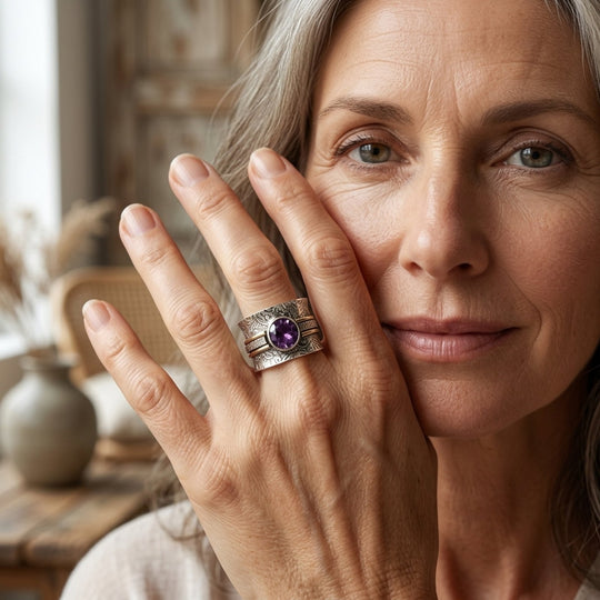 Textured Sterling Silver Purple Gemstone Spinner Ring