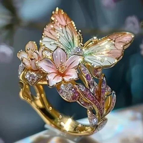 Gold Butterfly Floral Statement Ring